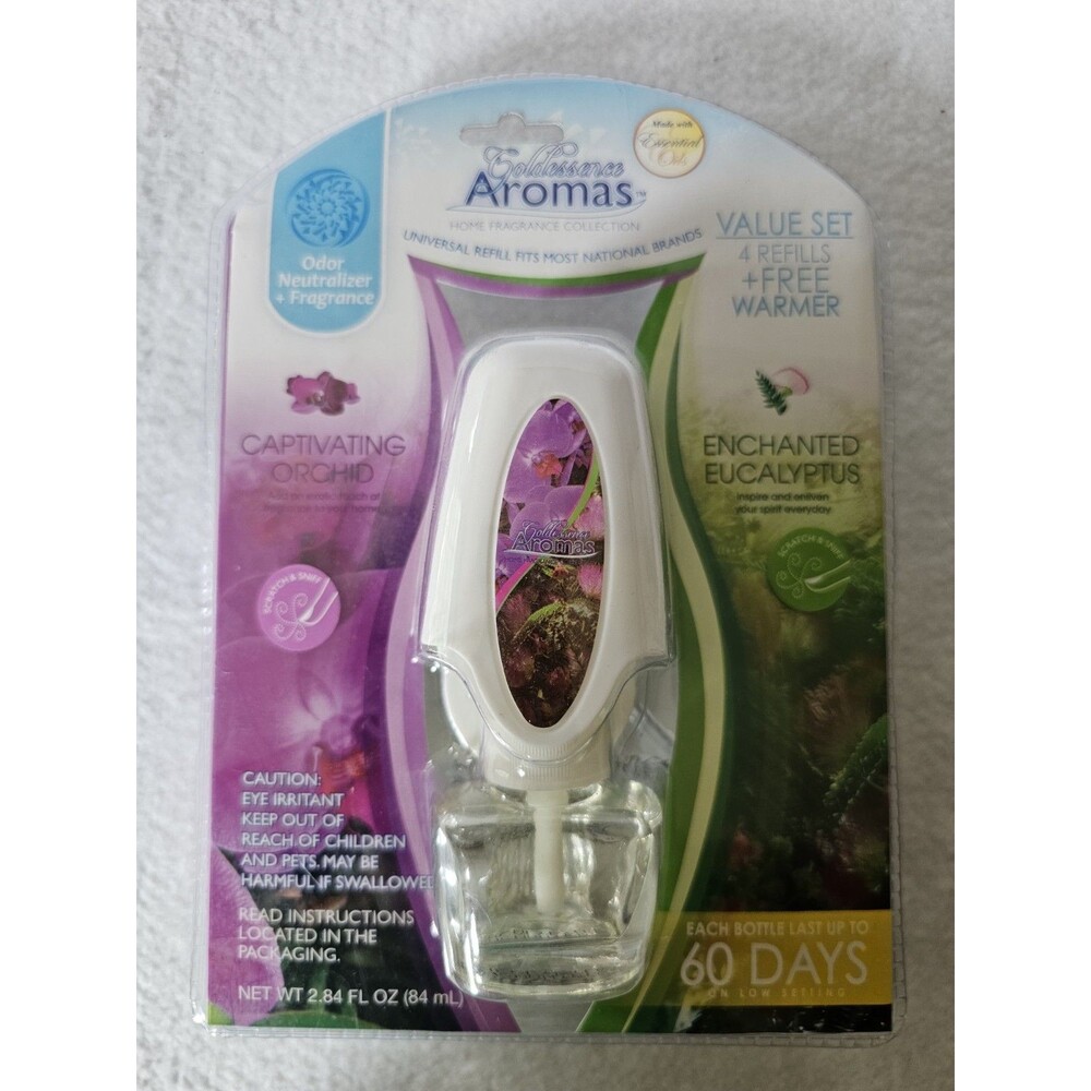 Goldessence Aromas Plug In Warmer 4 Refills Orchid Eucalyptus New Sealed NOS